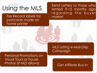Using the MLS
Send Letters to those who
rented 9-12 months ago
regarding the buyer
marketTax Record labels for
postcards made on
home printer
Get Affiliate Buy-in
MLS Listing e-Mail Drip
Campaign
Personal Promotions on
Visual Tours or house
Photos (if MLS allows)
 