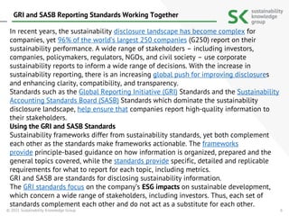 6
In recent years, the sustainability disclosure landscape has become complex for
companies, yet 96% of the world’s largest 250 companies (G250) report on their
sustainability performance. A wide range of stakeholders – including investors,
companies, policymakers, regulators, NGOs, and civil society – use corporate
sustainability reports to inform a wide range of decisions. With the increase in
sustainability reporting, there is an increasing global push for improving disclosures
and enhancing clarity, compatibility, and transparency.
Standards such as the Global Reporting Initiative (GRI) Standards and the Sustainability
Accounting Standards Board (SASB) Standards which dominate the sustainability
disclosure landscape, help ensure that companies report high-quality information to
their stakeholders.
Using the GRI and SASB Standards
Sustainability frameworks differ from sustainability standards, yet both complement
each other as the standards make frameworks actionable. The frameworks
provide principle-based guidance on how information is organized, prepared and the
general topics covered, while the standards provide specific, detailed and replicable
requirements for what to report for each topic, including metrics.
GRI and SASB are standards for disclosing sustainability information.
The GRI standards focus on the company’s ESG impacts on sustainable development,
which concern a wide range of stakeholders, including investors. Thus, each set of
standards complement each other and do not act as a substitute for each other.
© 2021 Sustainability Knowledge Group
GRI and SASB Reporting Standards Working Together
 