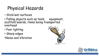 Physical Hazards
• Slick/wet surfaces
• Falling objects such as tools, equipment,
scaffold boards, items being transported
overhead
• Poor lighting
• Sharp edges
•Noise and Vibration
 