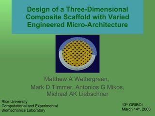Design of a Three-Dimensional Composite Scaffold with Varied Engineered Micro-Architecture Matthew A Wettergreen,  Mark D Timmer, Antonios G Mikos, Michael AK Liebschner 13 th  GRIBOI March 14 th , 2003 Rice University Computational and Experimental Biomechanics Laboratory 