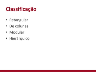 Classificação
• Retangular
• De colunas
• Modular
• Hierárquico
 