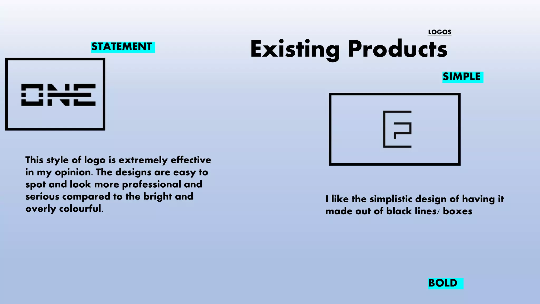 Existing Products
This style of logo is extremely effective
in my opinion. The designs are easy to
spot and look more professional and
serious compared to the bright and
overly colourful.
STATEMENT
BOLD
SIMPLE
LOGOS
I like the simplistic design of having it
made out of black lines/ boxes
 