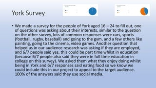 York Survey
• We made a survey for the people of York aged 16 – 24 to fill out, one
of questions was asking about their interests, similar to the question
on the other survey, lots of common responses were cars, sports
(football, rugby, baseball) and going to the gym, and a few others like
painting, going to the cinema, video games. Another question that
helped us in our audience research was asking if they are employed,
and 6/7 people said yes, this could be part time whilst in education
(because 6/7 people also said they were in full time education in
college on this survey). We asked them what they enjoy doing whilst
being in York and 6/7 responses said eating food so we know we
could include this in our project to appeal to the target audience.
100% of the answers said they use social media.
 