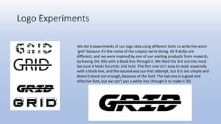 Logo Experiments
We did 4 experiments of our logo idea using different fonts to write the word
'grid' because it's the name of the subject we're doing. All 4 styles are
different, and we were inspired by one of our existing products from research,
by having the title with a black line through it. We liked the 3rd one the most
because it looks futuristic and bold. The first one isn't easy to read, especially
with a black line, and the second was our first attempt, but it is too simple and
doesn't stand out enough, because of the font. The last one is a good and
effective font, but we can't put a white line through it to make it 3D.
 