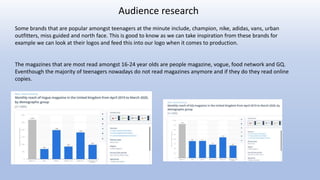Audience research
Some brands that are popular amongst teenagers at the minute include, champion, nike, adidas, vans, urban
outfitters, miss guided and north face. This is good to know as we can take inspiration from these brands for
example we can look at their logos and feed this into our logo when it comes to production.
The magazines that are most read amongst 16-24 year olds are people magazine, vogue, food network and GQ.
Eventhough the majority of teenagers nowadays do not read magazines anymore and if they do they read online
copies.
 