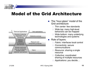 HPC II Spring 2008 13
2/12/08
Model of the Grid Architecture
 The “hour-glass” model of the
Grid architecture
 Thin cent...