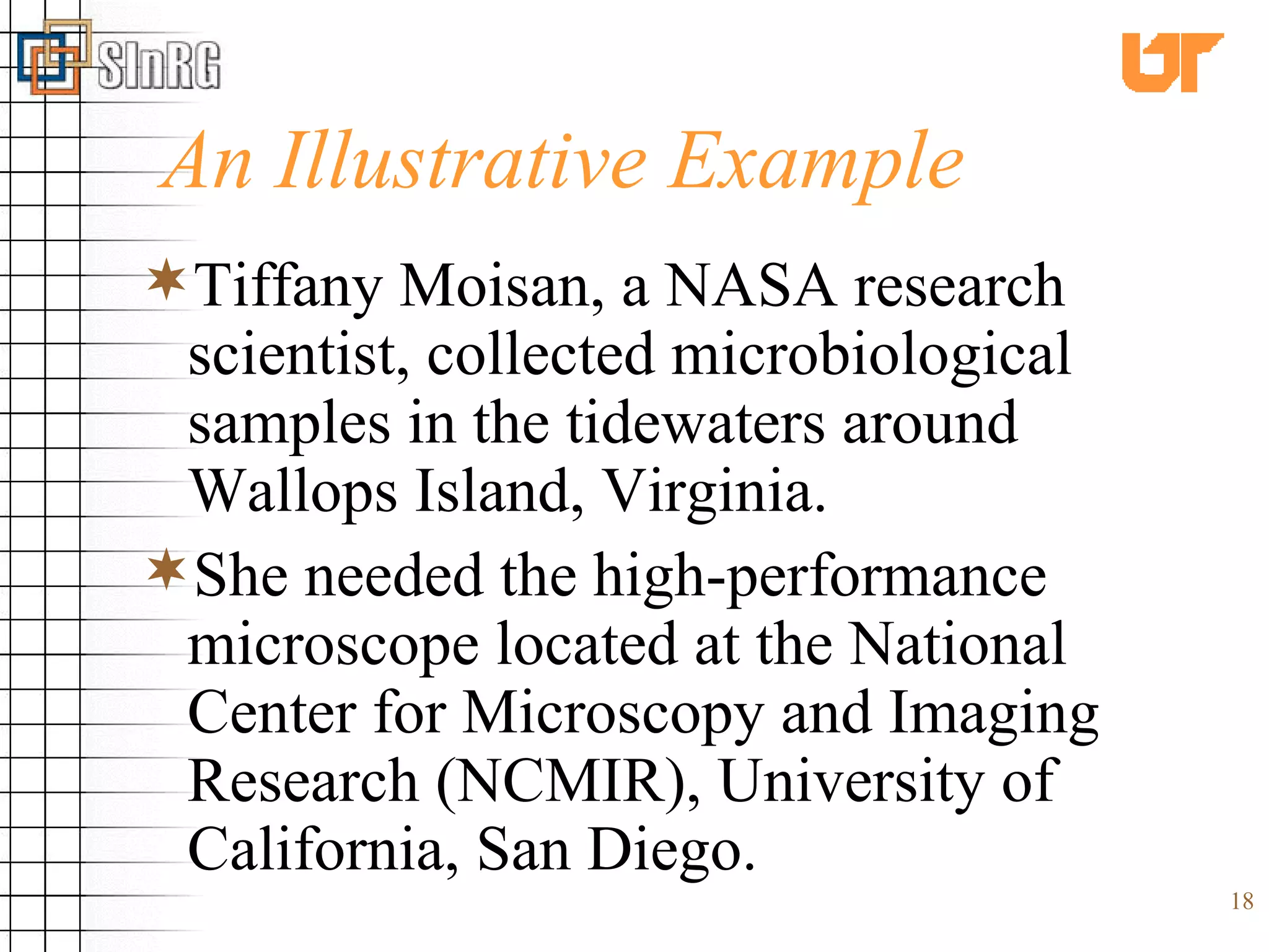 An Illustrative Example Tiffany Moisan, a NASA research scientist, collected microbiological samples in the tidewaters around Wallops Island, Virginia. She needed the high-performance microscope located at the National Center for Microscopy and Imaging Research (NCMIR), University of California, San Diego. 