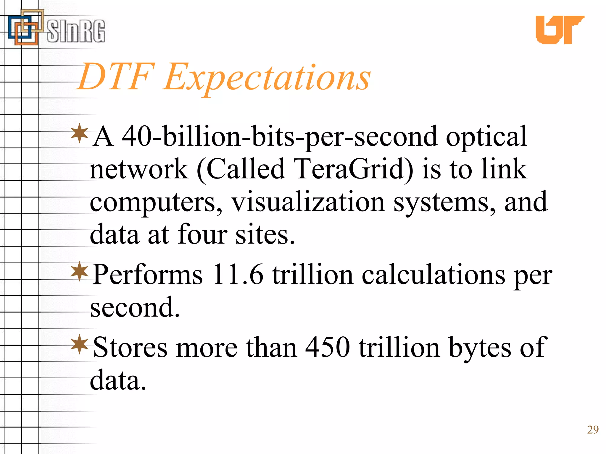DTF Expectations A 40-billion-bits-per-second optical network (Called TeraGrid) is to link computers, visualization systems, and data at four sites. Performs 11.6 trillion calculations per second. Stores more than 450 trillion bytes of data. 