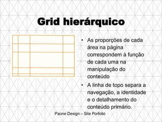 Grid hierárquico As proporções de cada área na página correspondem à função de cada uma na manipulação do conteúdo A linha de topo separa a navegação, a identidade e o detalhamento do conteúdo primário. Paone Design – Site Porfolio 