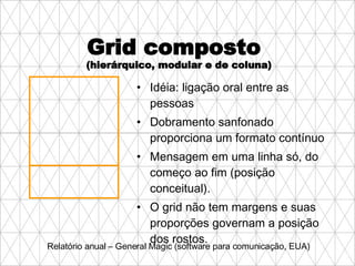Grid composto  Idéia: ligação oral entre as pessoas Dobramento sanfonado proporciona um formato contínuo Mensagem em uma linha só, do começo ao fim (posição conceitual). O grid não tem margens e suas proporções governam a posição dos rostos. (hierárquico, modular e de coluna) Relatório anual – General Magic (software para comunicação, EUA) 