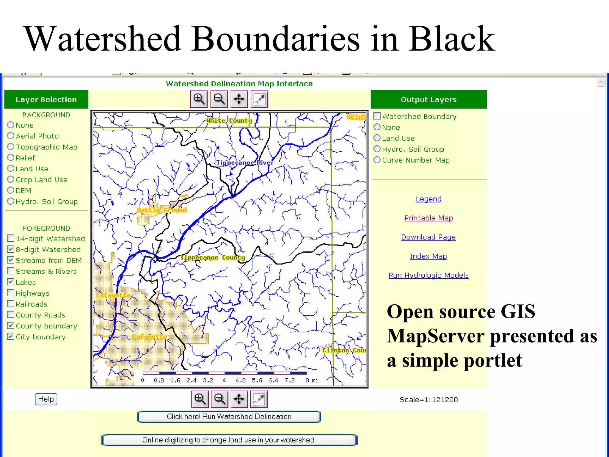 Watershed Boundaries in Black Open source GIS MapServer presented as a simple portlet 