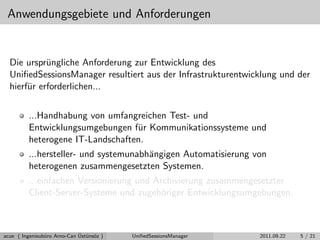 Anwendungsgebiete und Anforderungen
Die urspr¨ungliche Anforderung zur Entwicklung des
UniﬁedSessionsManager resultiert aus der Infrastrukturentwicklung und der
hierf¨ur erforderlichen...
...Handhabung von umfangreichen Test- und
Entwicklungsumgebungen f¨ur Kommunikationssysteme und
heterogene IT-Landschaften.
...hersteller- und systemunabh¨angigen Automatisierung von
heterogenen zusammengesetzten Systemen.
...einfachen Versionierung und Archivierung zusammengesetzter
Client-Server-Systeme und zugeh¨origer Entwicklungsumgebungen.
acue ( Ingenieub¨uro Arno-Can ¨Ust¨uns¨oz ) UniﬁedSessionsManager 2011.09.22 5 / 21
 