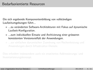 Bedarfsorientierte Resourcen
Die sich ergebende Komponentenbildung von vollst¨andigen
Laufzeitumgebungen f¨uhrt...
...zu ver¨anderten Software-Architekturen mit Fokus auf dynamische
Laufzeit-Konﬁguration.
...zum individuellen Einsatz und Archivierung einer gr¨osseren
konsistenten Versionsvielfalt der Anwendungen.
...zur einfachen dynamischen Zuordnung von Rechenleistung und
Anwendungen durch Infrastruktur-Dienste.
Dies erfordert insbesondere auch ein erweitertes Addressierungs- und
Inventarisierungskonzept.
acue ( Ingenieub¨uro Arno-Can ¨Ust¨uns¨oz ) UniﬁedSessionsManager 2011.09.22 6 / 21
 