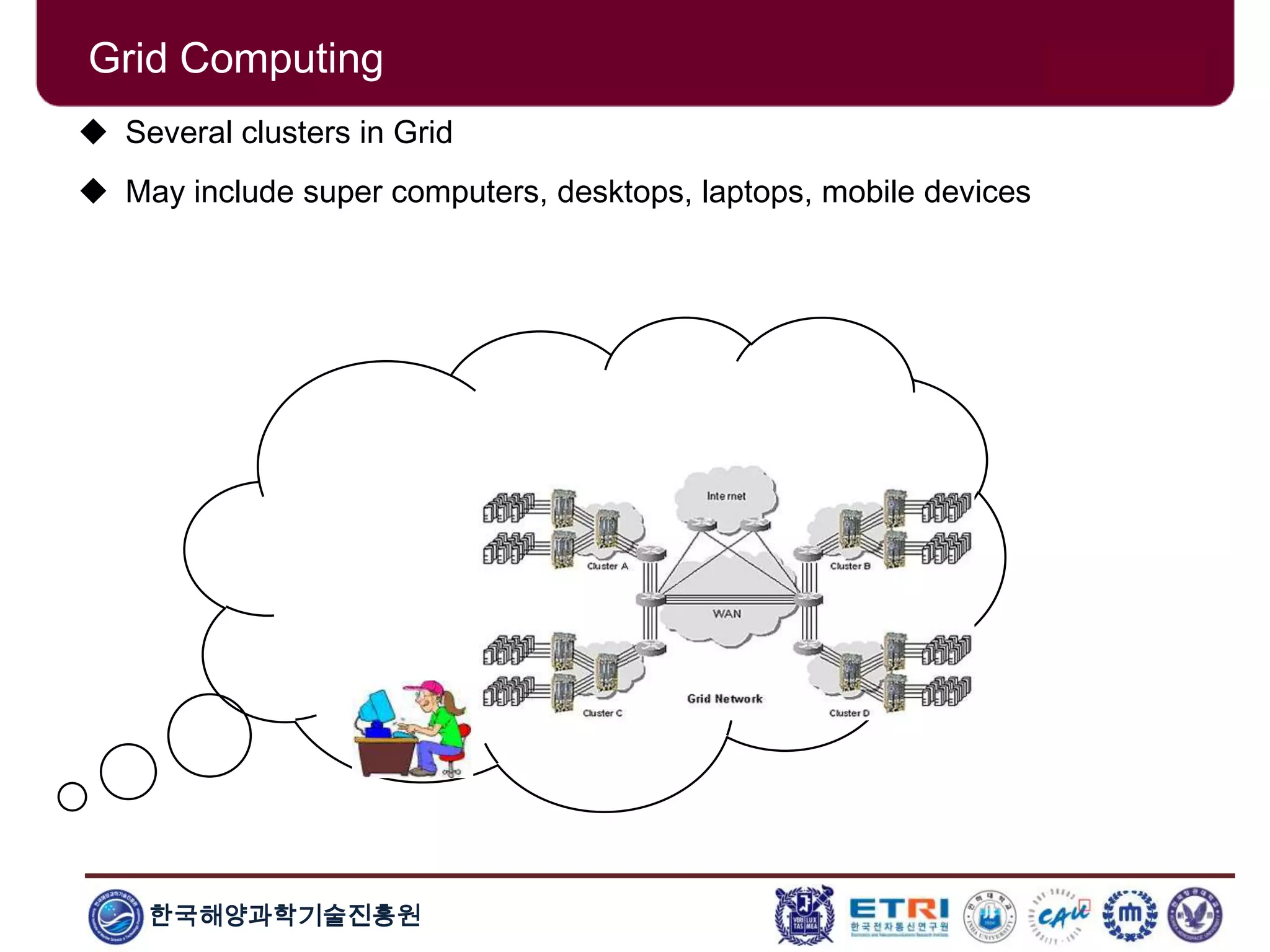 한국해양과학기술진흥원
Grid Computing
 Several clusters in Grid
 May include super computers, desktops, laptops, mobile devices
 