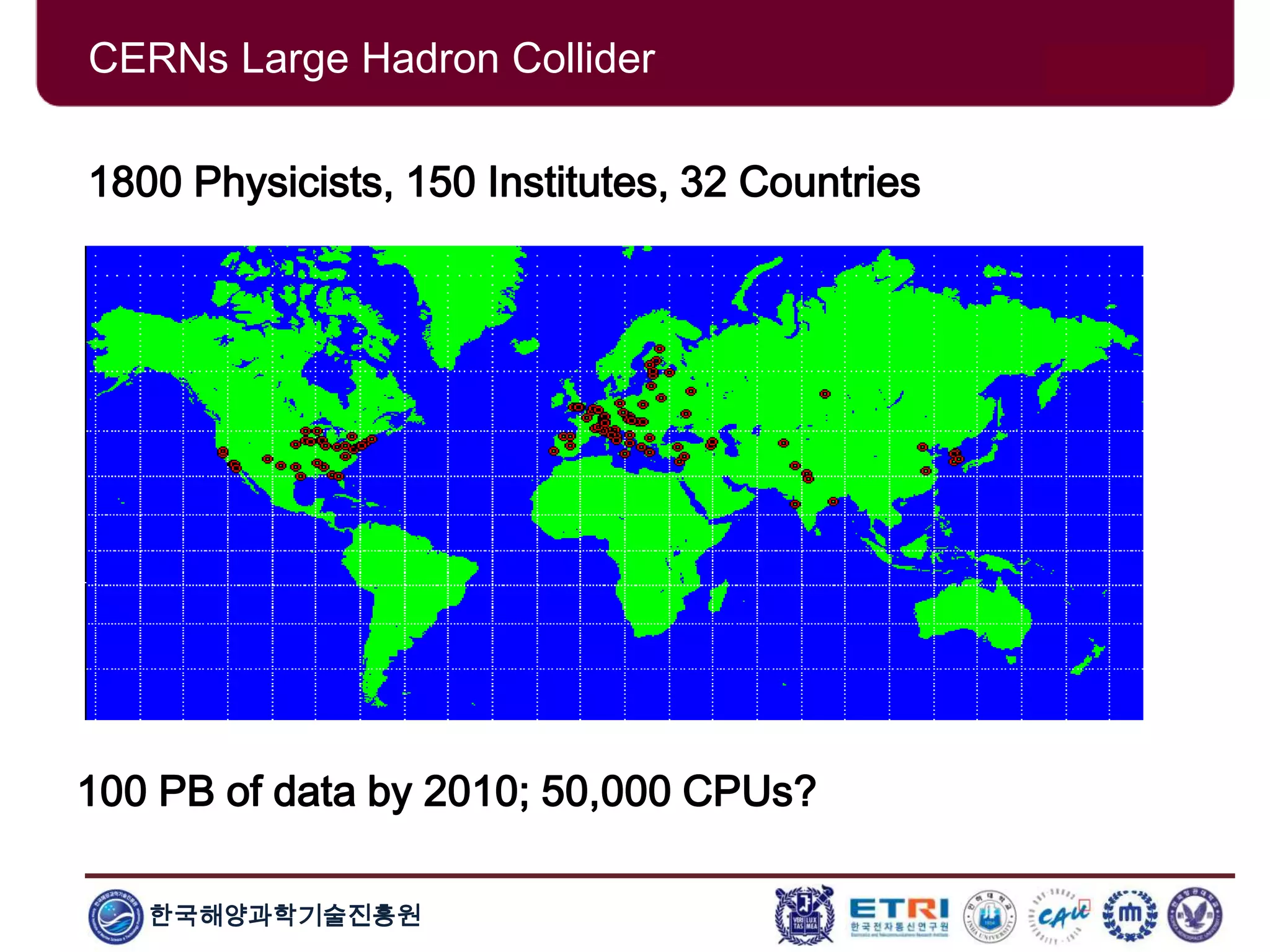 한국해양과학기술진흥원
1800 Physicists, 150 Institutes, 32 Countries
100 PB of data by 2010; 50,000 CPUs?
CERNs Large Hadron Collider
 