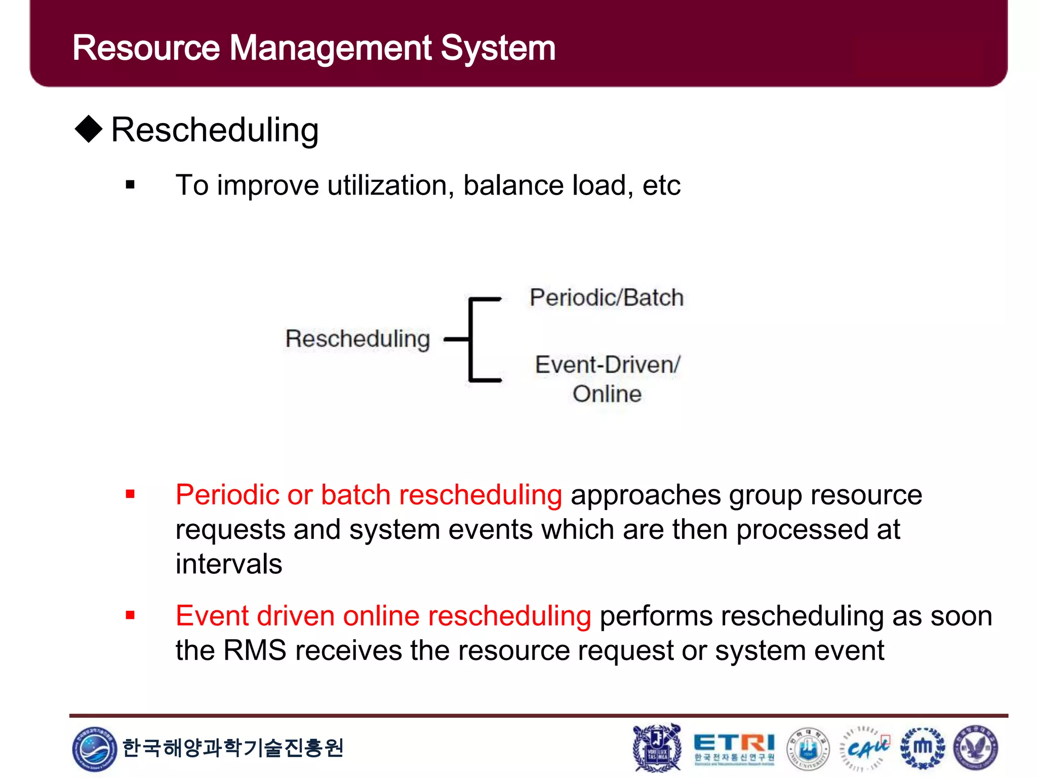 한국해양과학기술진흥원
Overview: Clusters x GridsRescheduling
 To improve utilization, balance load, etc
 Periodic or batch rescheduling approaches group resource
requests and system events which are then processed at
intervals
 Event driven online rescheduling performs rescheduling as soon
the RMS receives the resource request or system event
Resource Management System
 