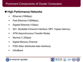 한국해양과학기술진흥원
Prominent Components of Cluster Computers
High Performance Networks
 Ethernet (10Mbps),
 Fast Ethernet (100Mbps),
 Gigabit Ethernet (1Gbps)
 SCI (Scalable Coherent Interface- MPI- 12µsec latency)
 ATM (Asynchronous Transfer Mode)
 Myrinet (1.2Gbps)
 Digital Memory Channel
 FDDI (fiber distributed data interface)
 InfiniBand
 