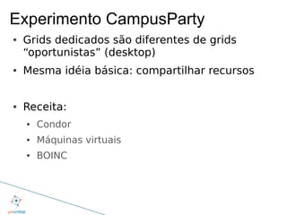 Experimento CampusParty
●   Grids dedicados são diferentes de grids
    “oportunistas” (desktop)
●   Mesma idéia básica: compartilhar recursos


●   Receita:
    ●   Condor
    ●   Máquinas virtuais
    ●   BOINC
 