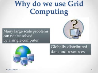 Why do we use Grid
Computing
Many large scale problems
can not be solved
by a single computer
Globally distributed
data and resources
GNIT--3rd Yr IT 6
 