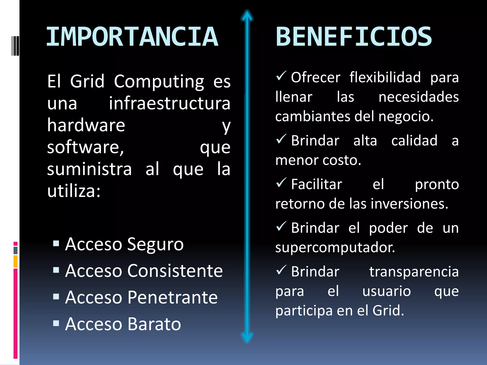 IMPORTANCIA                BENEFICIOS
El Grid Computing es        Ofrecer flexibilidad para
una      infraestructura   llenar las necesidades
                           cambiantes del negocio.
hardware               y
                            Brindar alta calidad a
software,           que
                           menor costo.
suministra al que la
                            Facilitar     el    pronto
utiliza:
                           retorno de las inversiones.
                            Brindar el poder de un
 Acceso Seguro            supercomputador.
 Acceso Consistente        Brindar      transparencia
 Acceso Penetrante        para el usuario que
                           participa en el Grid.
 Acceso Barato
 