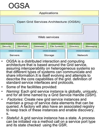 OGSA

• OGSA is a distributed interaction and computing
architecture that is based around the Grid service,
assuring interoperability on heterogeneous systems so
that different types of systems can communicate and
share information.It is itself evolving and attempts to
describe the core capabilities of the grid. definition of
standard service interfaces and protocols.
• Some of the facilitites provided:
• Naming: Each grid service instance is globally, uniquely,
and for all time named by a Grid Service Handle (GSH).
• Factories: Create new grid service instances and
maintain a group of service data elements that can be
queried. A factory will also have an associated registry
to keep track of these instances and enable discovery.
s.
• Stateful: A grid service instance has a state. A process
can be initiated via a method call on a service port type
and its state checked using the GSR.

 