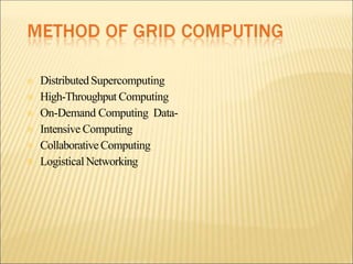 





DistributedSupercomputing
High-Throughput Computing
On-Demand Computing Data-
Intensive Computing
Collaborative Computing
Logistical Networking
 