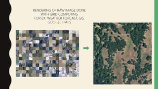 RENDERING OF RAW IMAGE DONE
WITH GRID COMPUTING
FOR EX. WEATHER FORCAST, GIS,
GOOGLE MAPS
 