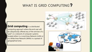 WHAT IS GRID COMPUTING?
Grid computing is a distributed
computing approach where the end user will
be ubiquitously offered any of the services of a
“grid” or a network of computer systems
located either in a Local Area Network (LAN) or
in a Wide Area Network (WAN) in a spread of
geographical area.
 