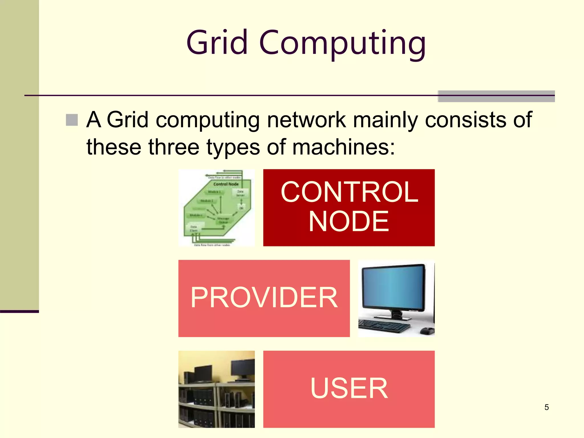 5 Grid Computing  A Grid computing network mainly consists of these three types of machines: CONTROL NODE PROVIDER USER 