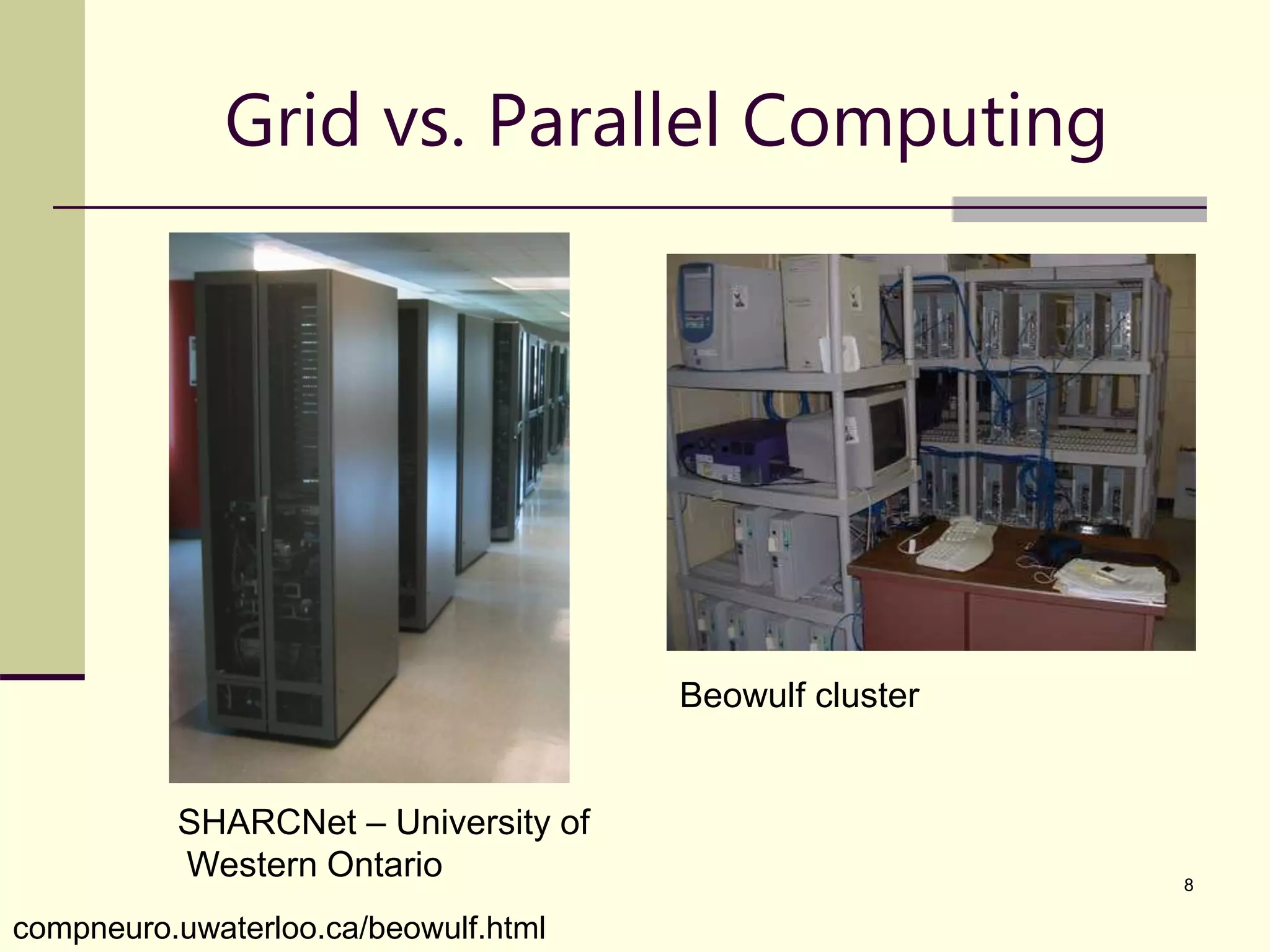 8 Grid vs. Parallel Computing SHARCNet – University of Western Ontario compneuro.uwaterloo.ca/beowulf.html Beowulf cluster 