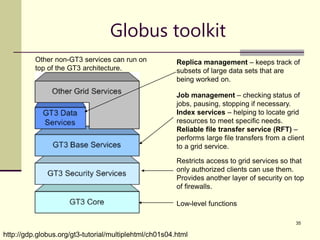 35
Globus toolkit
http://gdp.globus.org/gt3-tutorial/multiplehtml/ch01s04.html
Restricts access to grid services so that
only authorized clients can use them.
Provides another layer of security on top
of firewalls.
Job management – checking status of
jobs, pausing, stopping if necessary.
Index services – helping to locate grid
resources to meet specific needs.
Reliable file transfer service (RFT) –
performs large file transfers from a client
to a grid service.
Replica management – keeps track of
subsets of large data sets that are
being worked on.
Other non-GT3 services can run on
top of the GT3 architecture.
Low-level functions
 