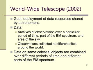 37
World-Wide Telescope (2002)
 Goal: deployment of data resources shared
by astronomers.
 Data:
 Archives of observations over a particular
period of time, part of the EM spectrum, and
area of the sky.
 Observations collected at different sites
around the world.
 Data on same celestial objects are combined
over different periods of time and different
parts of the EM spectrum.
 