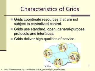 7
Characteristics of Grids
 Grids coordinate resources that are not
subject to centralized control.
 Grids use standard, open, general-purpose
protocols and interfaces.
 Grids deliver high qualities of service.
 http://devresource.hp.com/drc/technical_papers/grid_soa/04.png
 