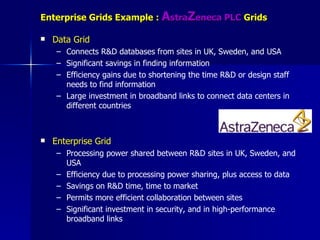 Enterprise Grids Example : AstraZeneca PLC Grids

   Data Grid
     – Connects R&D databases from sites in UK, Sweden, and USA
     – Significant savings in finding information
     – Efficiency gains due to shortening the time R&D or design staff
       needs to find information
     – Large investment in broadband links to connect data centers in
       different countries



   Enterprise Grid
     – Processing power shared between R&D sites in UK, Sweden, and
       USA
     – Efficiency due to processing power sharing, plus access to data
     – Savings on R&D time, time to market
     – Permits more efficient collaboration between sites
     – Significant investment in security, and in high-performance
       broadband links
 
