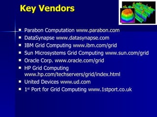 Key Vendors

   Parabon Computation www.parabon.com
   DataSynapse www.datasynapse.com
   IBM Grid Computing www.ibm.com/grid
   Sun Microsystems Grid Computing www.sun.com/grid
   Oracle Corp. www.oracle.com/grid
   HP Grid Computing
    www.hp.com/techservers/grid/index.html
   United Devices www.ud.com
   1st Port for Grid Computing www.1stport.co.uk
 