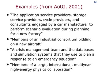 Examples (from AotG, 2001) “ The application service providers, storage service providers, cycle providers, and consultants engaged by a car manufacturer to perform scenario evaluation during planning for a new factory” “ Members of an industrial consortium bidding on a new aircraft” “ A crisis management team and the databases and simulation systems that they use to plan a response to an emergency situation” “ Members of a large, international, multiyear high-energy physics collaboration” 