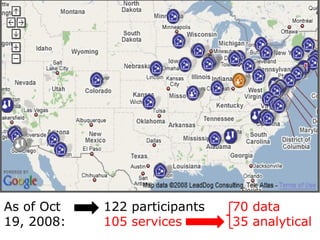 As of Oct 19, 2008: 122 participants 105   services 70   data 35 analytical  