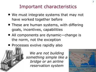 Important characteristics We must integrate systems that may not have worked together before These are human systems, with differing goals, incentives, capabilities All components are dynamic—change is the norm, not the exception Processes evolve rapidly also We are not building something simple like a bridge or an airline reservation system 