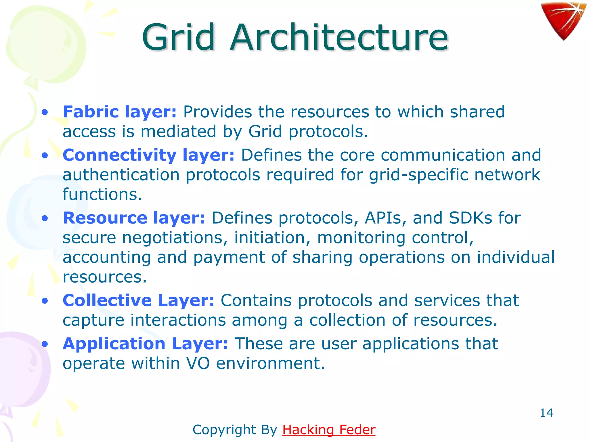 14
Grid Architecture
• Fabric layer: Provides the resources to which shared
access is mediated by Grid protocols.
• Connectivity layer: Defines the core communication and
authentication protocols required for grid-specific network
functions.
• Resource layer: Defines protocols, APIs, and SDKs for
secure negotiations, initiation, monitoring control,
accounting and payment of sharing operations on individual
resources.
• Collective Layer: Contains protocols and services that
capture interactions among a collection of resources.
• Application Layer: These are user applications that
operate within VO environment.
Copyright By Hacking Feder
 