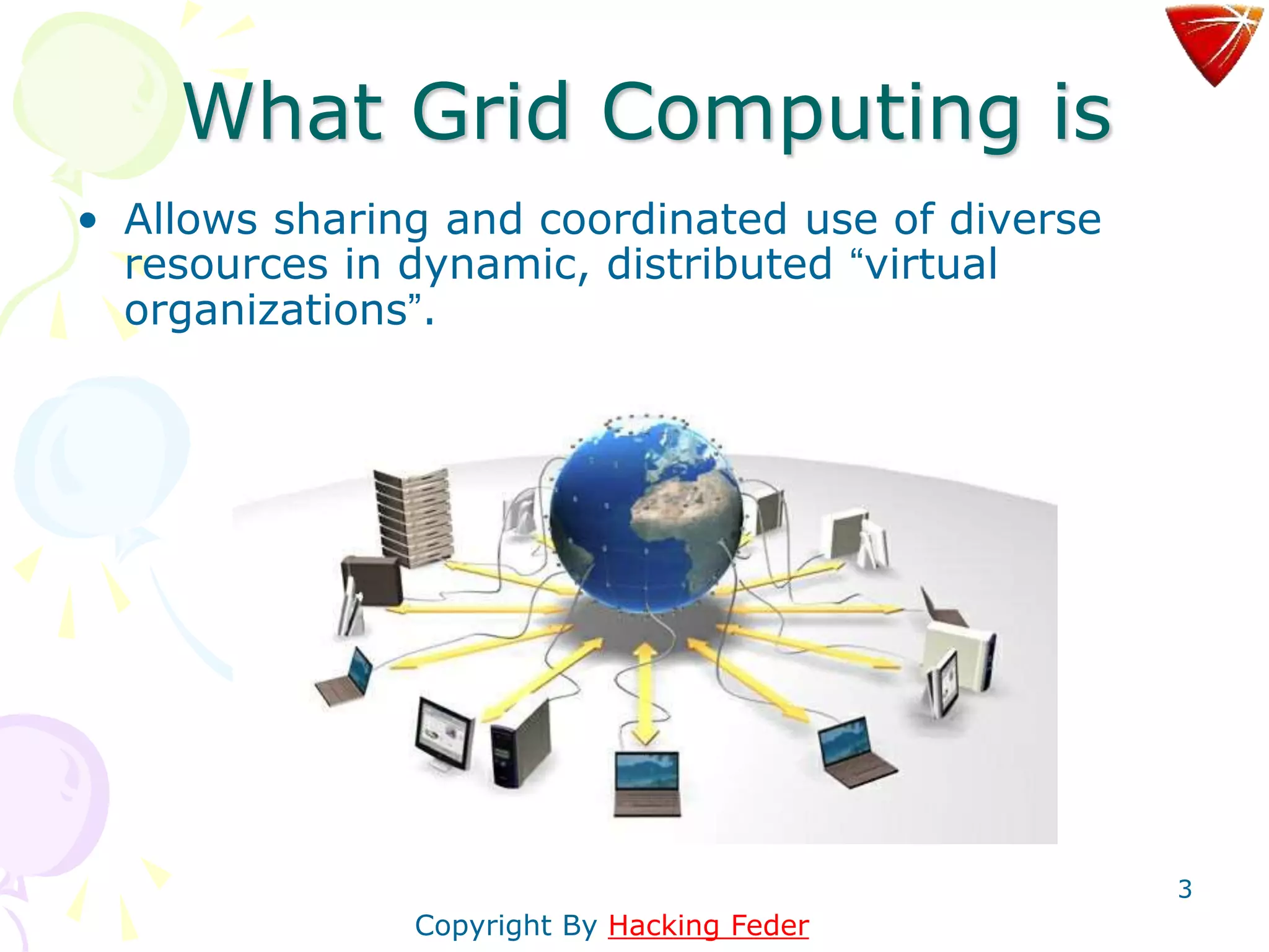 3
What Grid Computing is
• Allows sharing and coordinated use of diverse
resources in dynamic, distributed “virtual
organizations”.
Copyright By Hacking Feder
 
