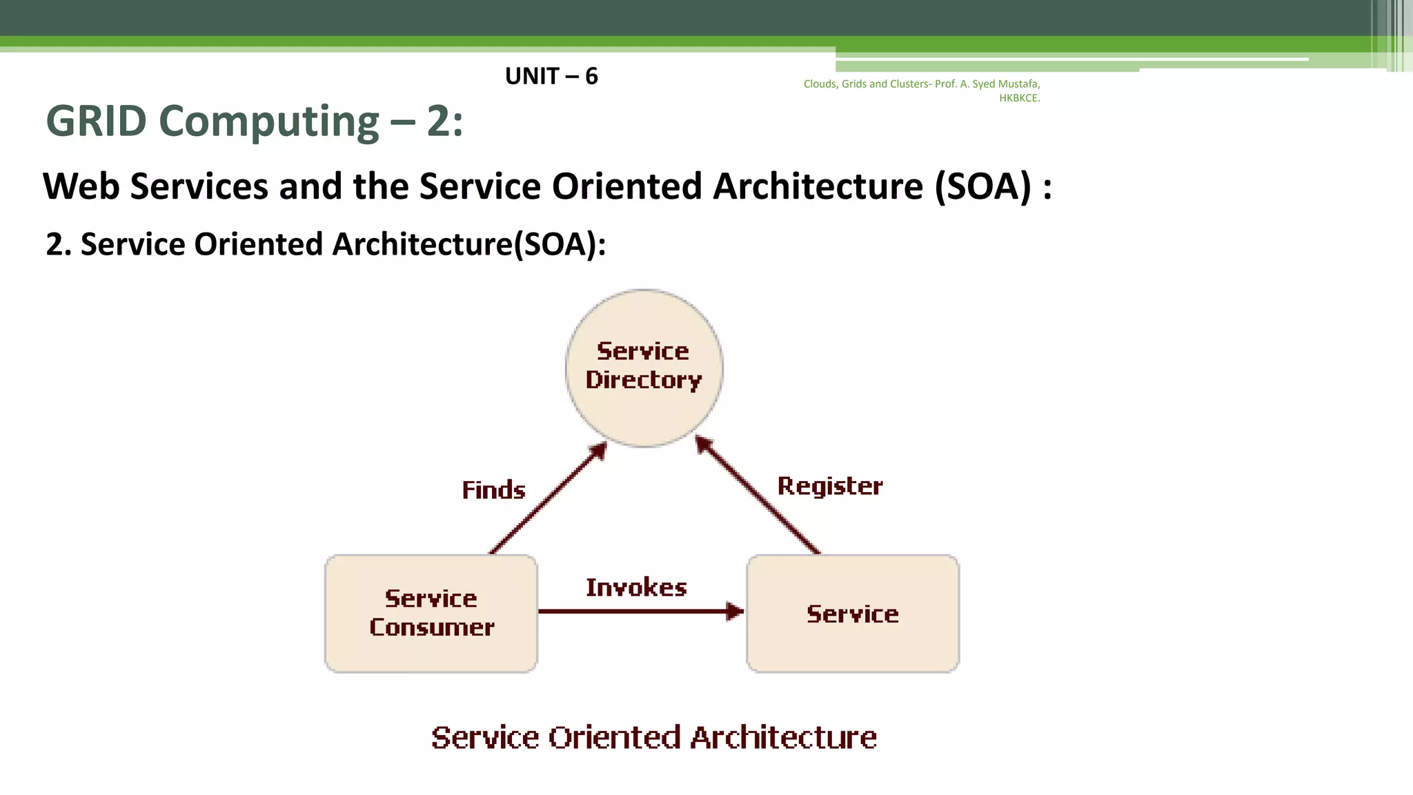 UNIT – 6 GRID Computing – 2: Web Services and the Service Oriented Architecture (SOA) : 2. Service Oriented Architecture(SOA): Clouds, Grids and Clusters- Prof. A. Syed Mustafa, HKBKCE. 