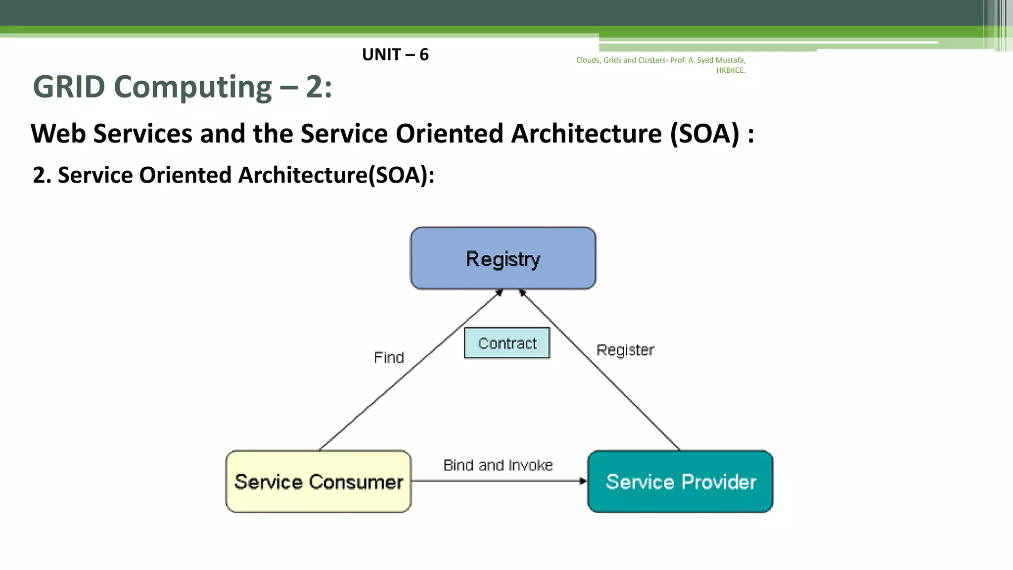 UNIT – 6 GRID Computing – 2: Web Services and the Service Oriented Architecture (SOA) : 2. Service Oriented Architecture(SOA): Clouds, Grids and Clusters- Prof. A. Syed Mustafa, HKBKCE. 