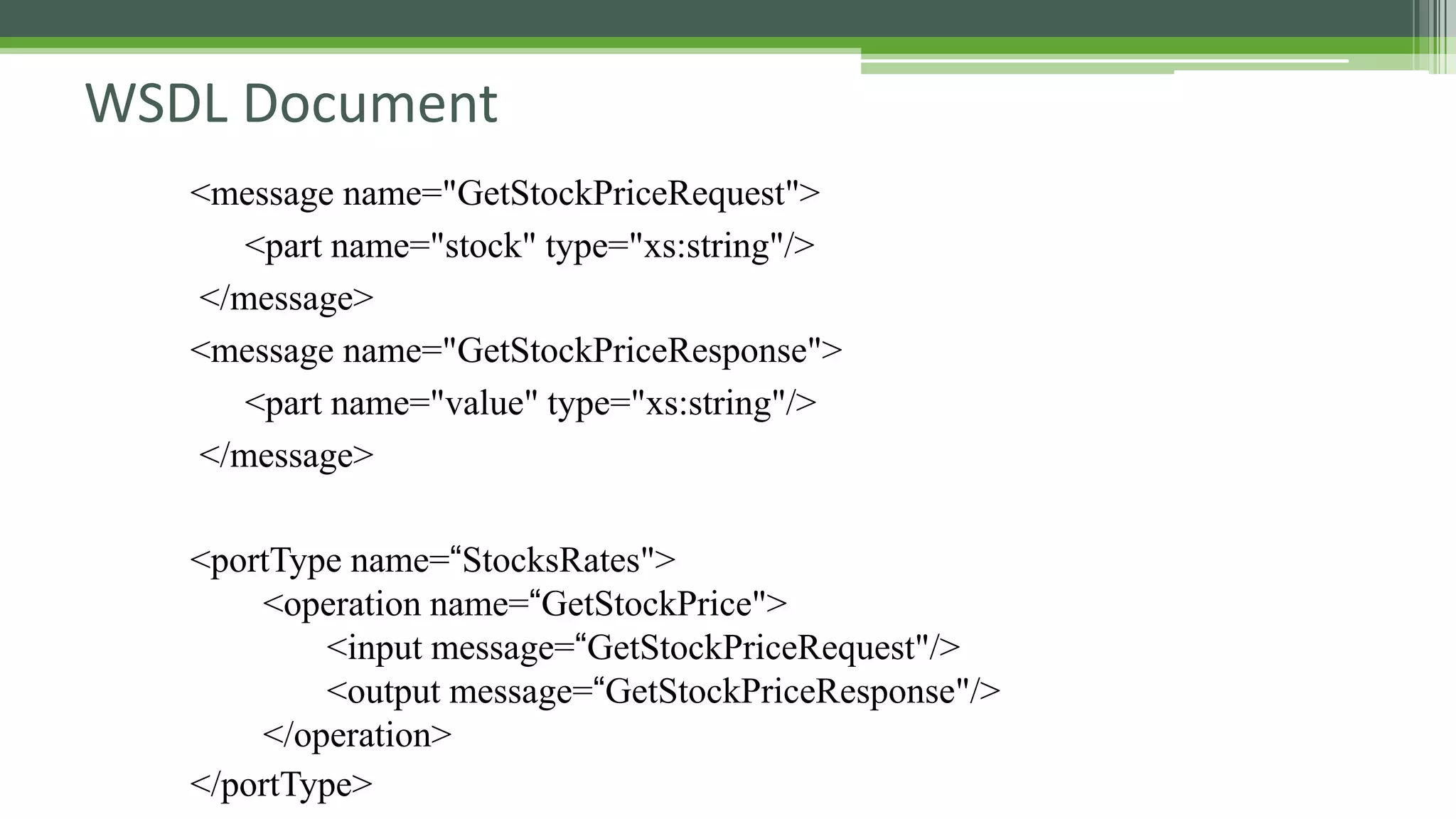 WSDL Document <message name="GetStockPriceRequest"> <part name="stock" type="xs:string"/> </message> <message name="GetStockPriceResponse"> <part name="value" type="xs:string"/> </message> <portType name=“StocksRates"> <operation name=“GetStockPrice"> <input message=“GetStockPriceRequest"/> <output message=“GetStockPriceResponse"/> </operation> </portType> 