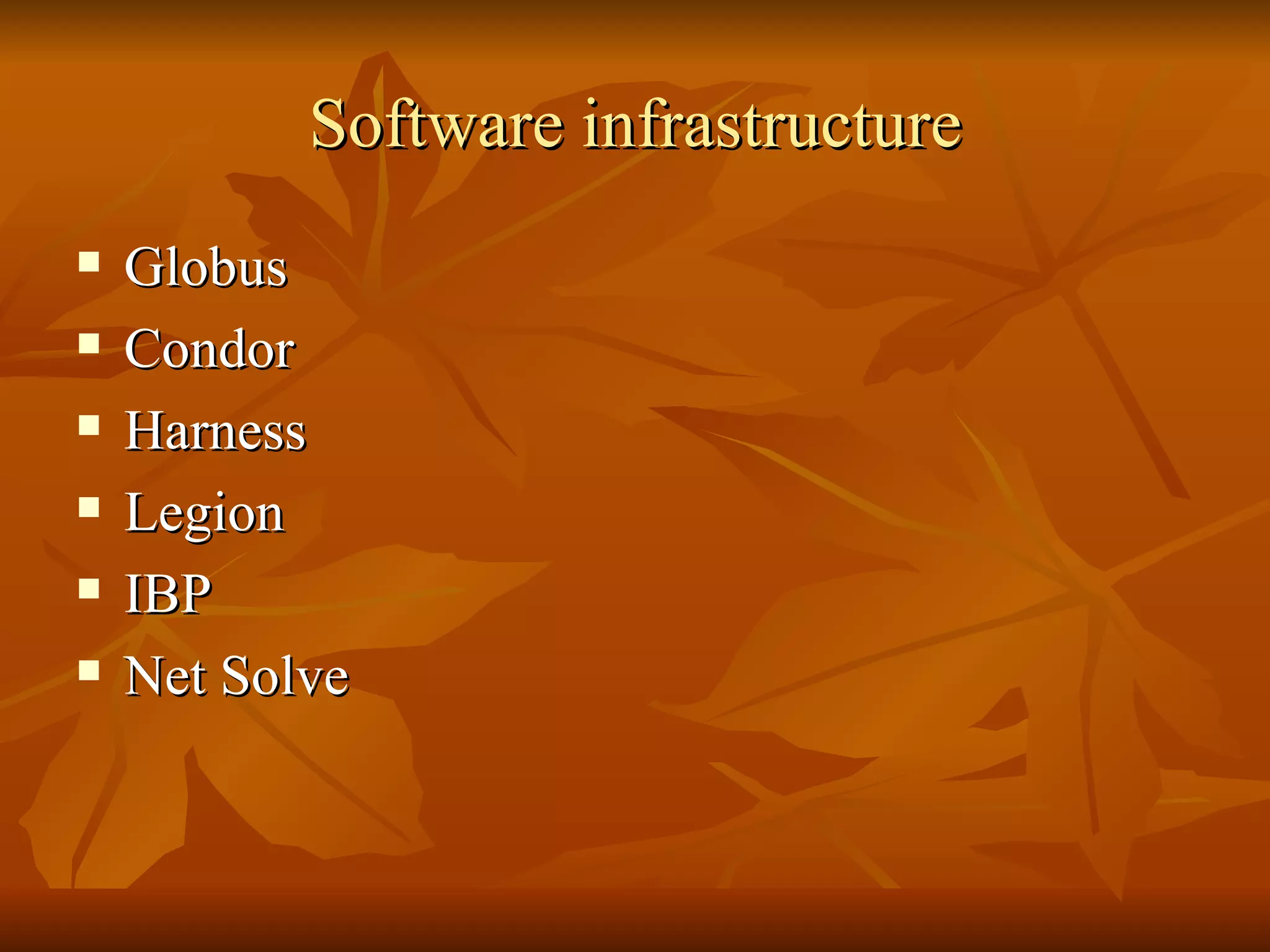 Software infrastructure
   Globus
   Condor
   Harness
   Legion
   IBP
   Net Solve
 