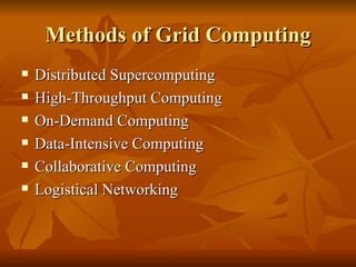 Methods of Grid Computing
   Distributed Supercomputing
   High-Throughput Computing
   On-Demand Computing
   Data-Intensive Computing
   Collaborative Computing
   Logistical Networking
 