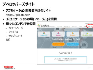 12
デベロッパーズサイト
• アプリケーション開発者向けのサイト
https://griddb.net/
• コミュニケーションの場(フォーラム)を提供
• 様々なコンテンツを公開
– ホワイトペーパ
– マニュアル
– サンプルコード
など
 