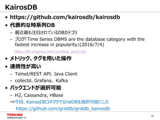 15
KairosDB
• https://github.com/kairosdb/kairosdb
• 代表的な時系列DB
– 最近最も注目されているDBカテゴリ
– ブログ「Time Series DBMS are the database category with the
fastest increase in popularity」(2016/7/4)
http://db-engines.com/en/blog_post//62
• メトリック、タグを用いた操作
• 連携性が高い
– Telnet/REST API、Java Client
– collectd、Grafana、 Kafka
• バックエンドが選択可能
– H2, Cassandra, HBase
⇒今回、KairosDBコネクタでGridDBを選択可能にした
https://github.com/griddb/griddb_kairosdb
 