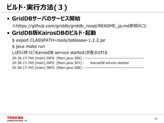 21
• GridDBサーバのサービス開始
※https://github.com/griddb/griddb_nosql/README_ja.md参照のこと
• GridDB版KairosDBのビルド・起動
$ export CLASSPATH=tools/tablesaw-1.2.2.jar
$ java make run
しばらく待つと「KairosDB service started」が表示される
20:38:17.744 [main] INFO [Main.java:306] - ------------------------------------------
20:38:17.745 [main] INFO [Main.java:307] - KairosDB service started
20:38:17.745 [main] INFO [Main.java:308] - ------------------------------------------
ビルド・実行方法(３)
 