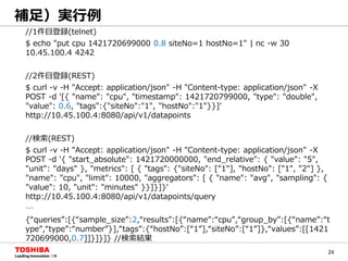 24
//1件目登録(telnet)
$ echo "put cpu 1421720699000 0.8 siteNo=1 hostNo=1" | nc -w 30
10.45.100.4 4242
//2件目登録(REST)
$ curl -v -H "Accept: application/json" -H "Content-type: application/json" -X
POST -d '[{ "name": "cpu", "timestamp": 1421720799000, "type": "double",
"value": 0.6, "tags":{"siteNo":"1", "hostNo":"1"}}]'
http://10.45.100.4:8080/api/v1/datapoints
//検索(REST)
$ curl -v -H "Accept: application/json" -H "Content-type: application/json" -X
POST -d '{ "start_absolute": 1421720000000, "end_relative": { "value": "5",
"unit": "days" }, "metrics": [ { "tags": {"siteNo": ["1"], "hostNo": ["1", "2"] },
"name": "cpu", "limit": 10000, "aggregators": [ { "name": "avg", "sampling": {
"value": 10, "unit": "minutes" }}]}]}'
http://10.45.100.4:8080/api/v1/datapoints/query
…
{“queries”:[{“sample_size”:2,“results”:[{“name”:“cpu”,“group_by”:[{“name”:“t
ype”,“type”:“number”}],“tags”:{“hostNo”:[“1”],“siteNo”:[“1”]},“values”:[[1421
720699000,0.7]]}]}]} //検索結果
補足）実行例
 