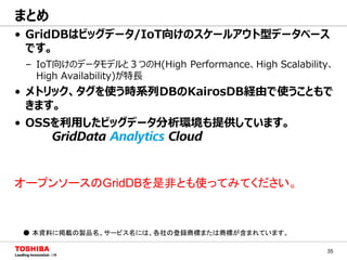 35
• GridDBはビッグデータ/IoT向けのスケールアウト型データベース
です。
– IoT向けのデータモデルと３つのH(High Performance、High Scalability、
High Availability)が特長
• メトリック、タグを使う時系列DBのKairosDB経由で使うこともで
きます。
• OSSを利用したビッグデータ分析環境も提供しています。
まとめ
オープンソースのGridDBを是非とも使ってみてください。
● 本資料に掲載の製品名、サービス名には、各社の登録商標または商標が含まれています。
 